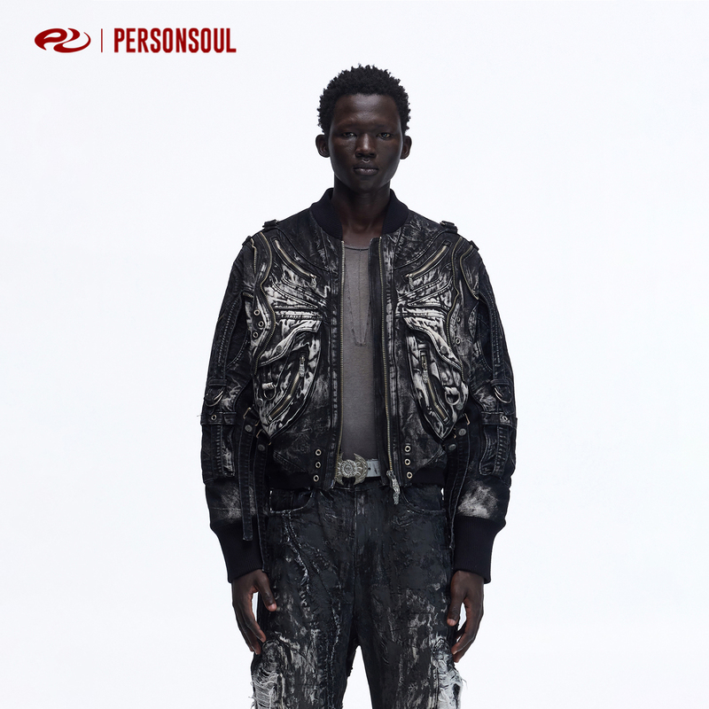 Personsoul* Ink Smudge Heavy Washed Denim Jacket Faded Denim Jacket