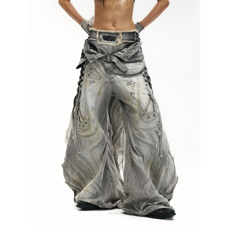 Personsoul* Alien Alienoid Drawstring Adjustable Silhouette Patchwork Gray Jeans Alians Jeans