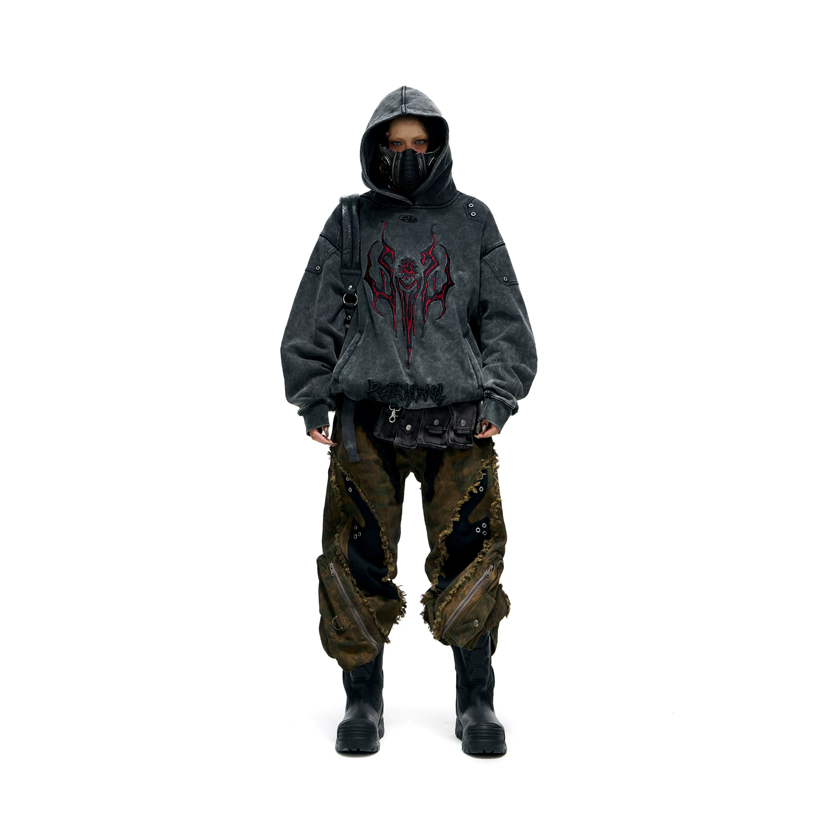 ПЕРСОНСОЛЬ Тотем вышитый худи Серый тотем худи Хлопковый толстовка distressed Punk street style утолщенная толстовка