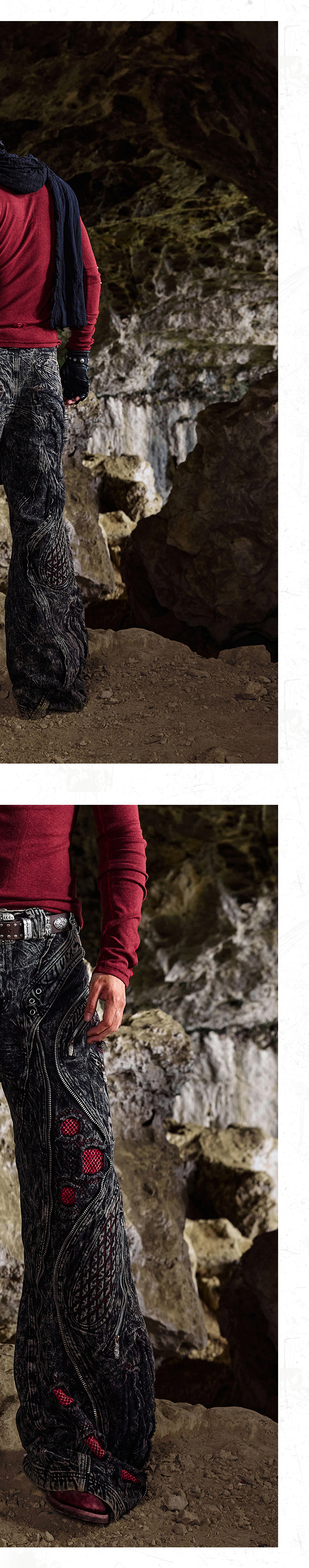 PERSONSOUL Washed Red and Black Wide-Leg Jeans