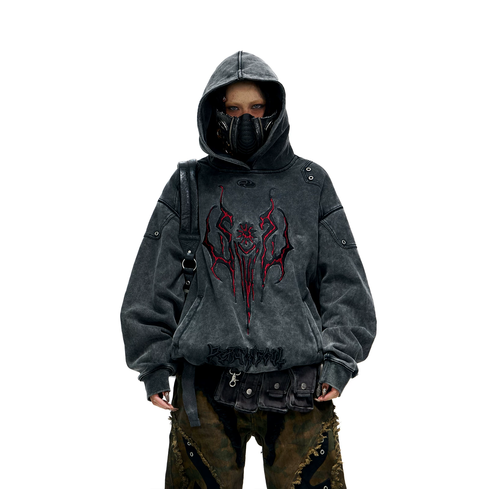 ПЕРСОНСОЛЬ Тотем вышитый худи Серый тотем худи Хлопковый толстовка distressed Punk street style утолщенная толстовка
