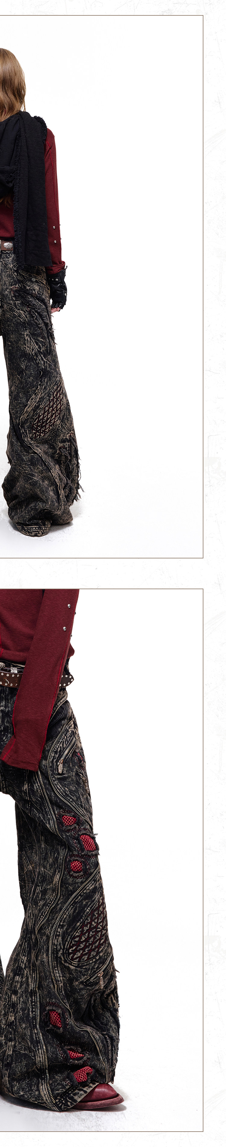 PERSONSOUL Washed Red and Black Wide-Leg Jeans