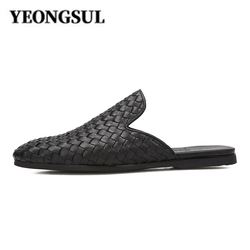 Soft leather knitting bull leather bag half slippers wear new summer leather shoes in the English wind half-toiler shoes