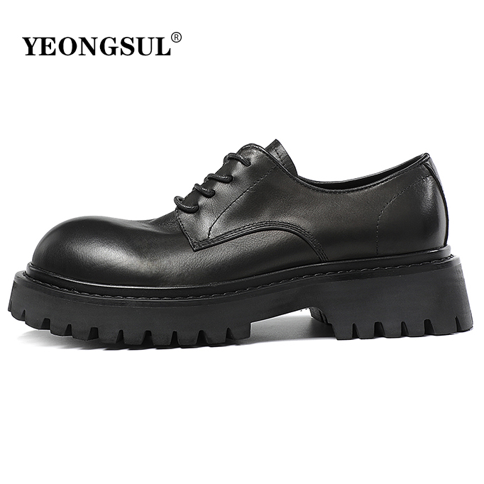 轻质胎牛皮真皮皮鞋男5cm厚底增高柔软舒适黑色大头德比鞋男大码