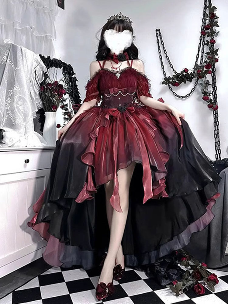 红色花嫁礼服lolita连衣裙洋装洛丽塔前短后长重工拖尾蓬蓬公主裙,88元也能拥有梦幻婚礼风!_lolita洛丽塔_淘宝游戏网