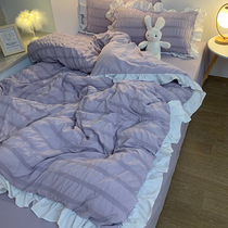 Add Mercury Cloud Ins light purple Princess Wind lace Quilt Cover Washed Cotton Girl Hearts Bed Linen Bed Skirt Student Dorm