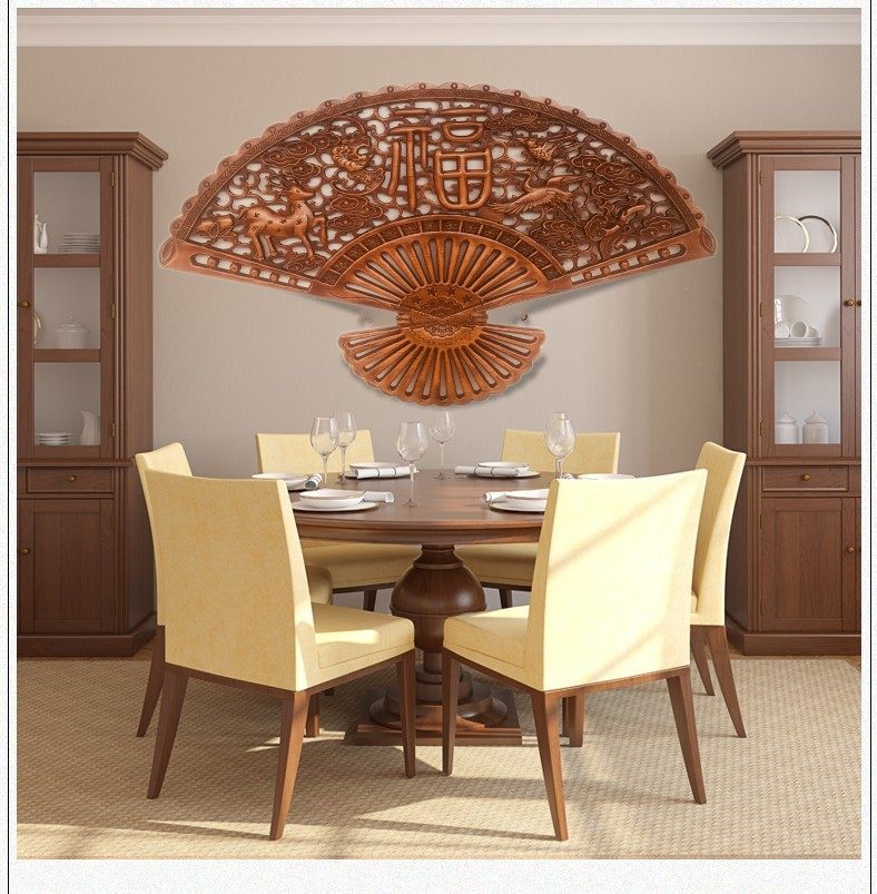 Dongyang wood carving Chinese style decoration antique camphor wood fan-shaped pendant solid wood carving wall hanging living room decoration wall decoration