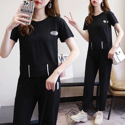 Модный черный летний комплект, штаны для отдыха, свободный крой, в западном стиле