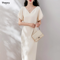 THEORY POWER series imported acetic acid high-end design waist skirt lantern sleeve temperament dress