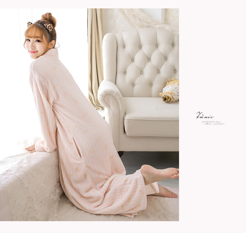 Phần dài áo choàng flannel dày dễ thương mùa thu đông Bộ đồ ngủ Nhật Bản tay dài nhung san hô đêm đồ ngủ nữ