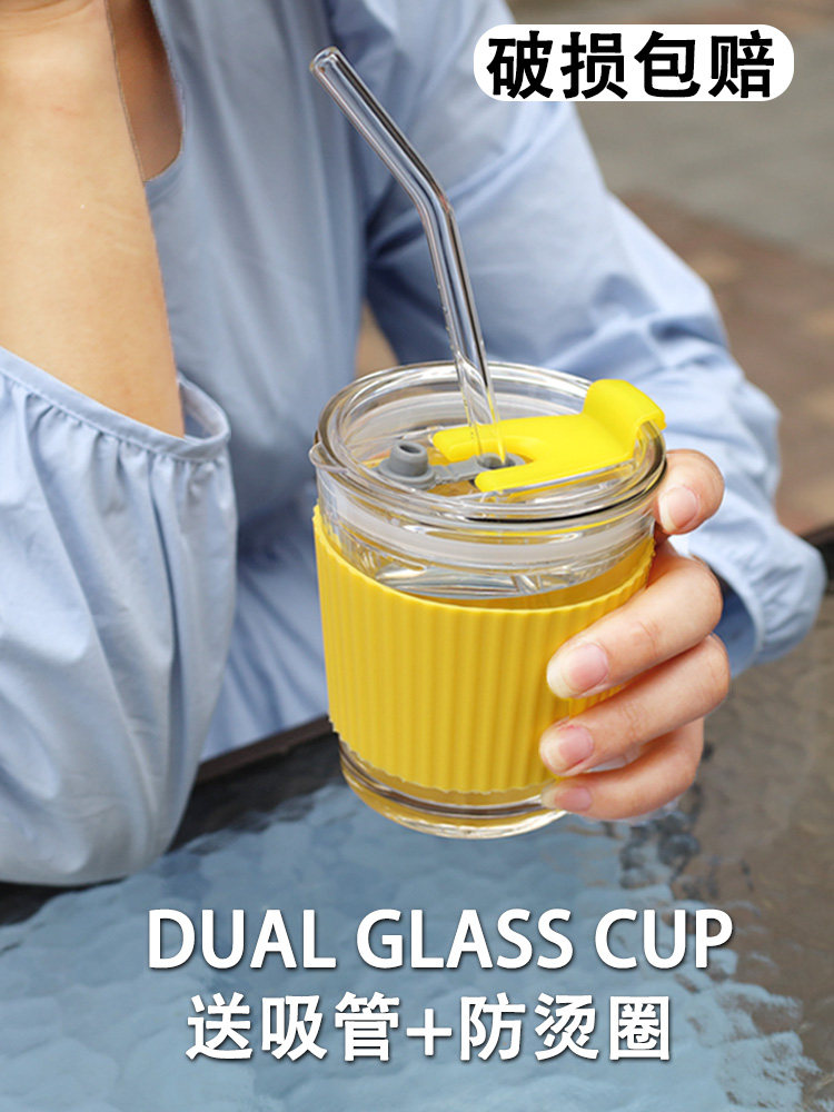 High facial value cup Women's summer transparent water cup ins wind glass Portable straw cup Milk coffee cup set large