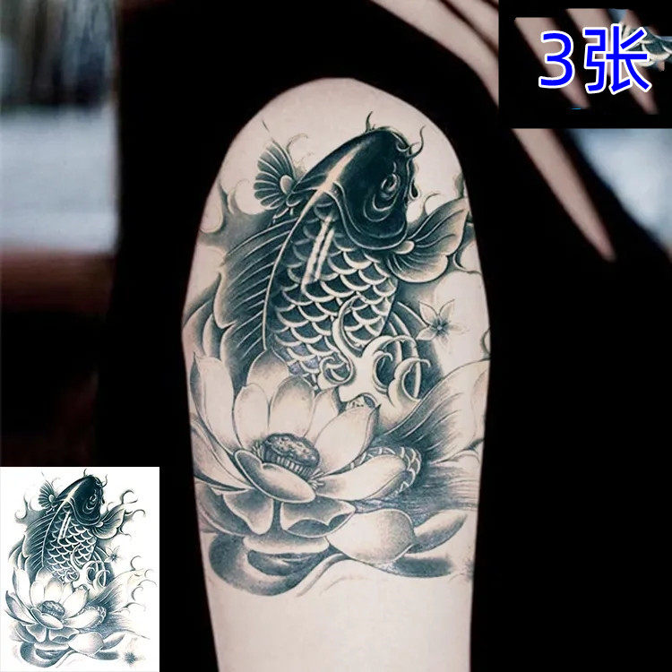 Lucky big koi flower arm color waterproof tattoo stickers for men and women line carp lasting realistic flower arm stickers