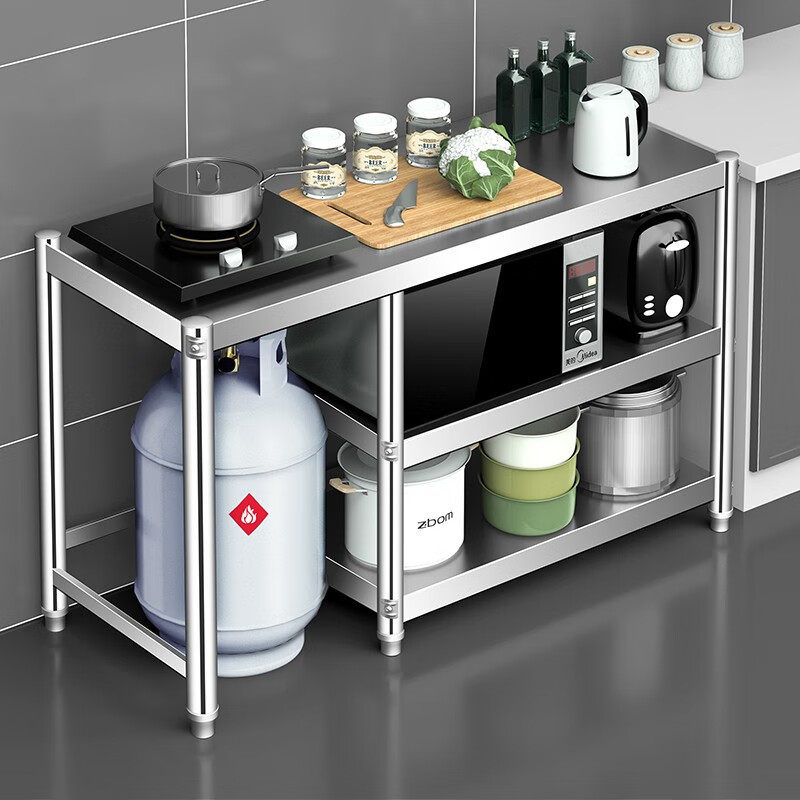 Стеллаж для хранения газовой плиты на кухне из нержавеющей стали от пола до потолка, трехслойный функциональный стеллаж для хранения кухонных принадлежностей, утолщенный стеллаж для хранения микроволновой печи Изображение 1