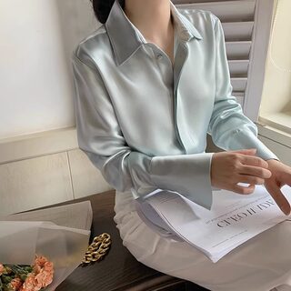 French-Style Women's Shirt for Spring and Autumn, with a Unique and Sophisticated Design, Made of Triacetate Satin Silk, Featuring Hidden Buttons and a Draping Effect