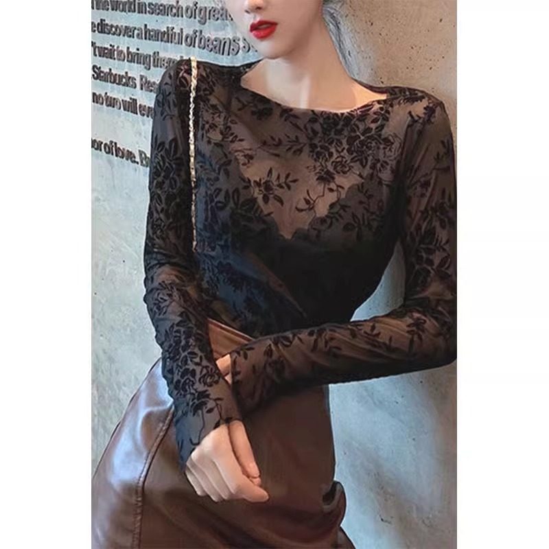 Женская рубашка с кружевным низом, коллекция 2025 года, весна, осень и зима, новый стиль, внутренний сетчатый топ с принтом, приталенная высококачественная перспективная маленькая рубашка