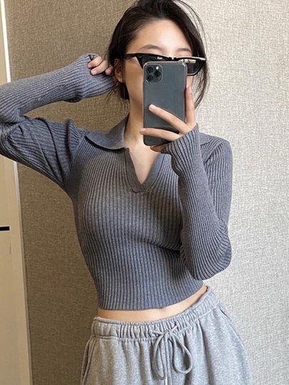 polo领打底针织衫女修身内搭毛衣2025春秋新款v领高级感短款上衣