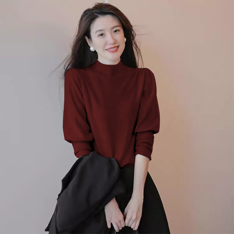 Ankora Red Half-High Collar Knit Sweater for Women, Stylish Autumn and Winter Inner Layer with Puff Sleeves, Mid-Collar Top for Spring
