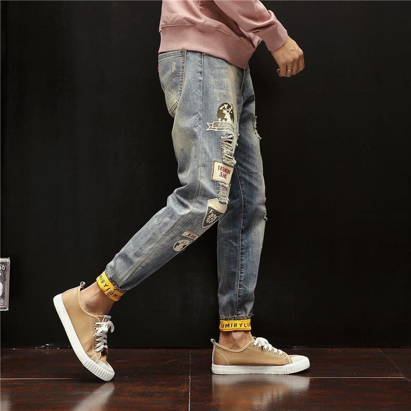 90% jeans Men's Broken Hole Loose Korean version tooling casual 100 lap pants 2023 Fall ruffles handsome pants-Taobao