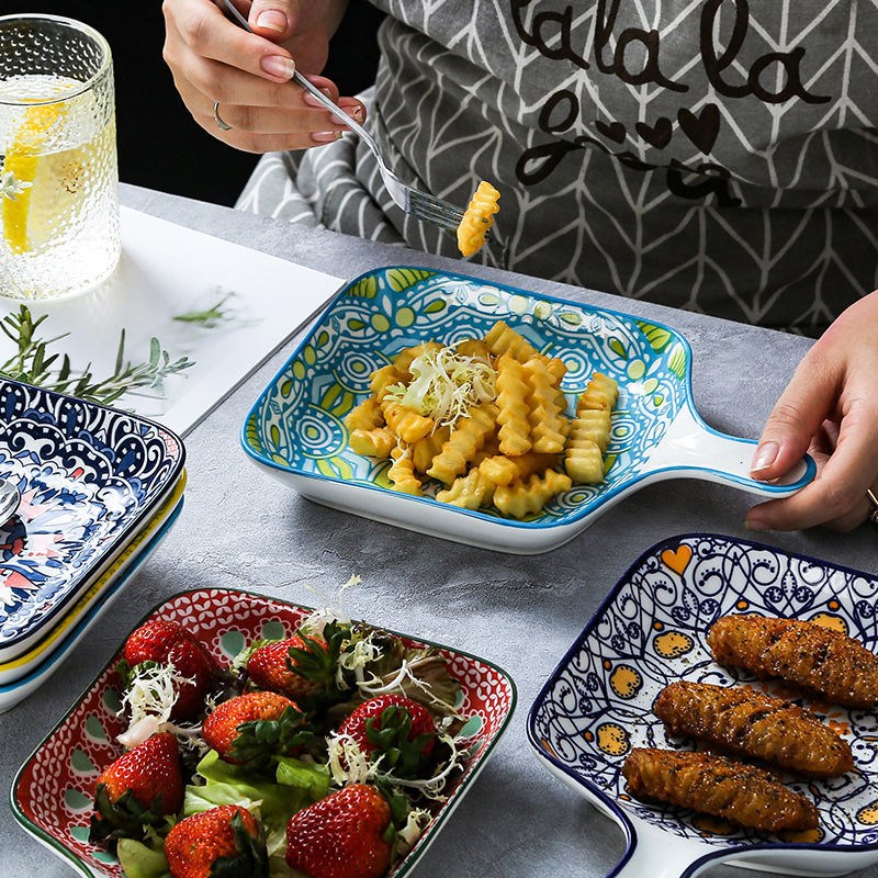 Cheese Baked Rice Plate Ceramic Plate Oven Flat Plate Home Fruit Salad Plate Single Handle Baking Plate New