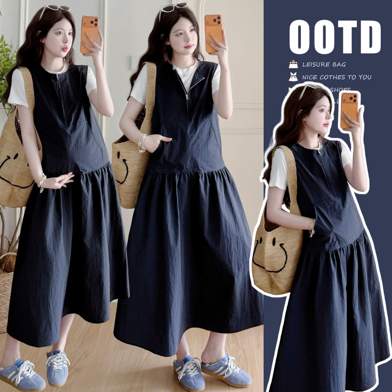 Maternity Summer Outfit Set 2026 New Style Pregnancy Wear High-End White T-Shirt Zipper Vest Dress Set Two-Piece Set