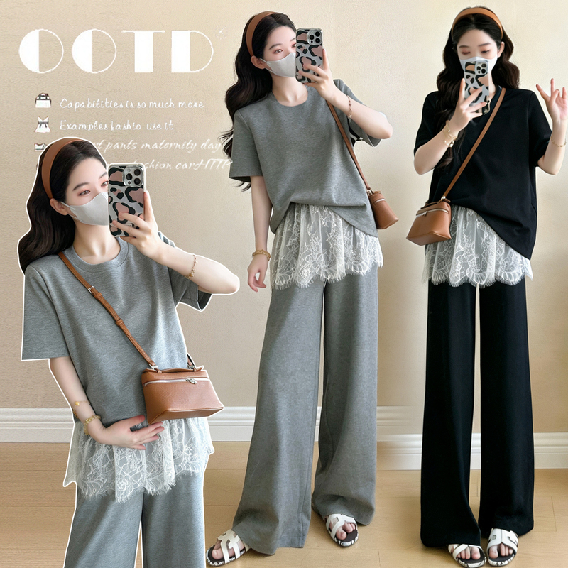 Maternity Summer Outfit Set 2026 New High-End Pregnancy Wear Short-Sleeve Top Lace Cover-Up Wide-Leg Pants Two-Piece Set