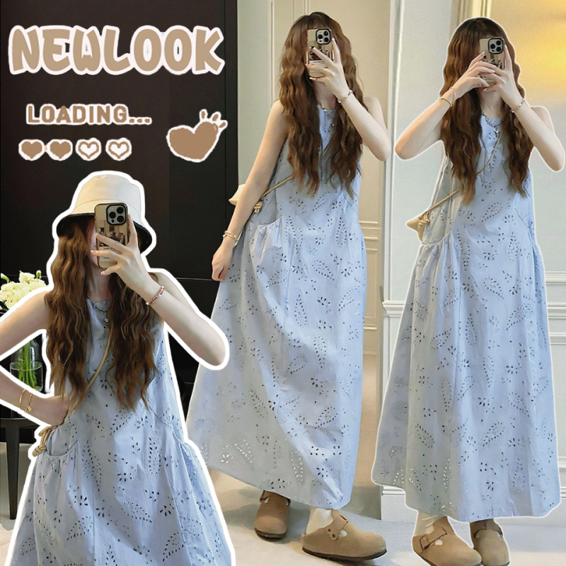 Maternity Summer Wear 2026 New Blue Tank Dress Pregnancy Outfit High-End Hollow Embroidery Loose Slimming Dress Maternity Summer Wear 2026 New Blue Tank Dress Pregnancy Outfit High-End Hollow Embroidery Loose Slimming Dress