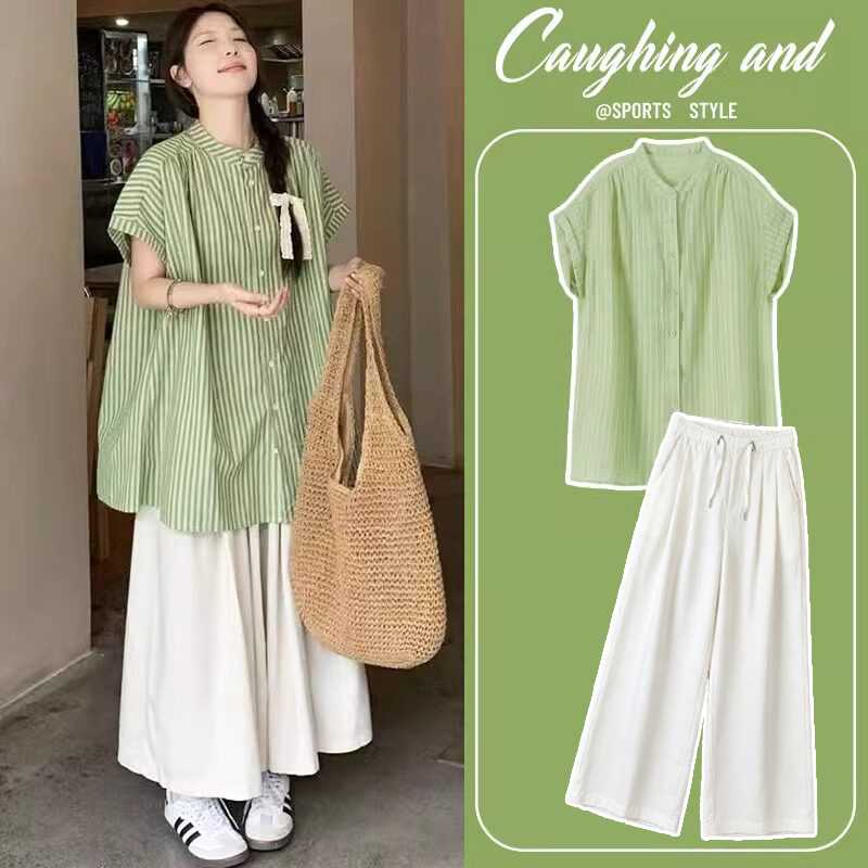 Maternity Wear Summer Suit, High-End 2026 New Striped Shirt and Wide-Leg Pants, Two-Piece Set for Pregnancy Wear in Summer