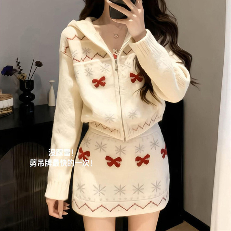 Dgkp Korean Style Cool and Unique Winter Outfit Set, Christmas Fair Isle Sweater Cardigan and Hip-Hugging Short Skirt Two-Piece Set Dgkp Korean Style Cool and Unique Winter Outfit Set, Christmas Fair Isle Sweater Cardigan and Hip-Hugging Short Skirt Two-Piece Set