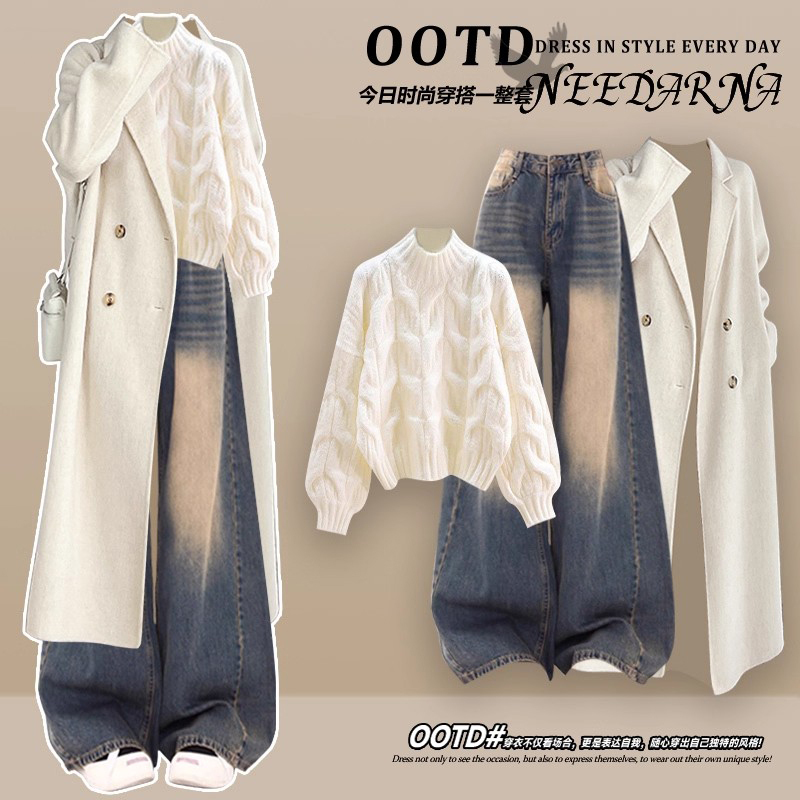 Dgkp Stunning Knitted Small Suit, Korean Style High-End Autumn and Winter Coat, Complete Set of Korean Drama Outfit, Three-Piece Set