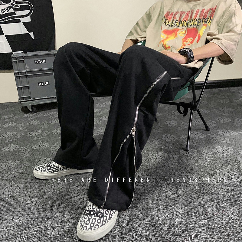 High Street Style Casual Pants Men's Side Zipper Hong Kong Style Loose Straight Leg Pants Trendy Brand Drape All-Match Sweatpants