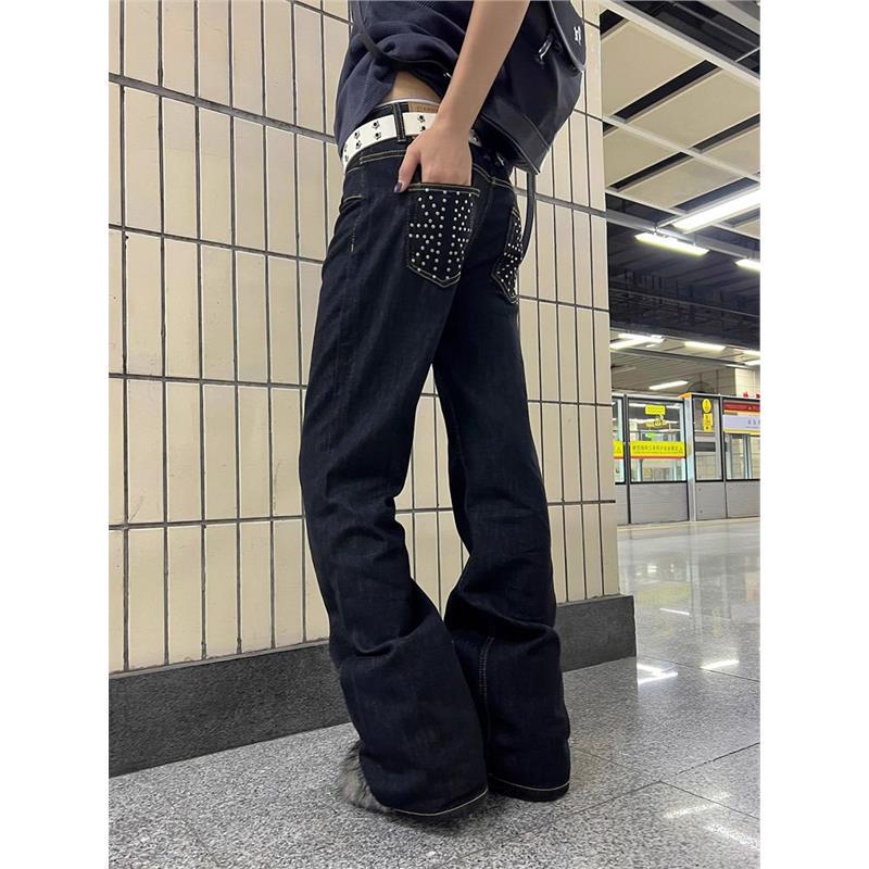 American Retro Heavy Beaded Denim Jeans for Women, Summer High Street Design, Low-Waisted, Slimming, Narrow Straight-Leg Pants