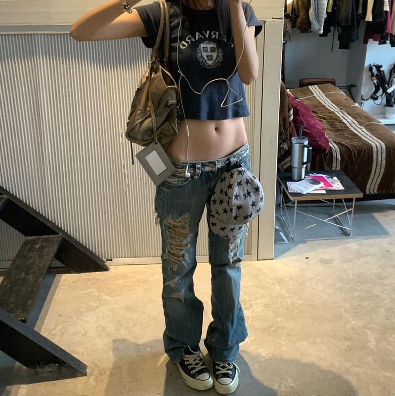 American Vibe High Street Washed Distressed Ripped Jeans for Women, New Autumn Low-Waist Straight-Leg Drapey Pants