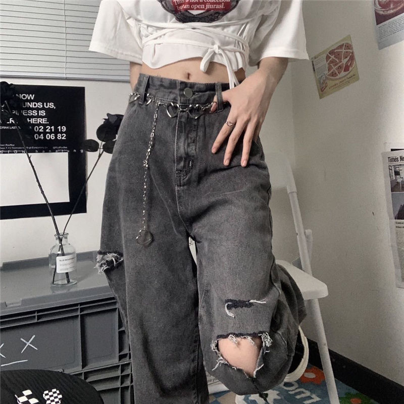 Ripped Jeans for Women, New Spring and Autumn Style, High Street Retro, Loose Fit, Slimming, High-Waisted, Straight-Leg, Wide-Leg Long Pants ins Trend