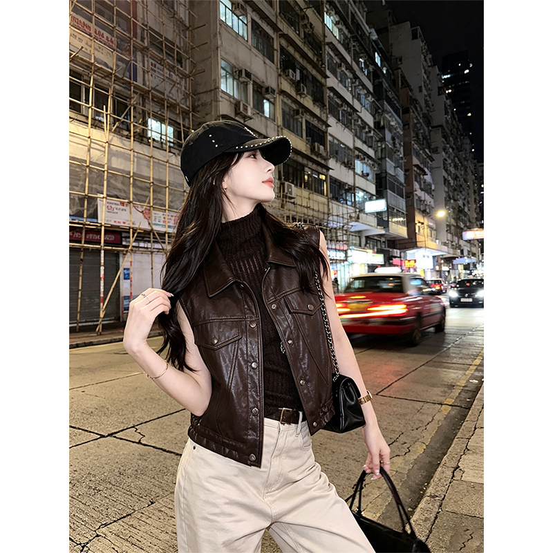 Fashionable Leather Vest for Women, Short Style, 2026 Spring and Autumn New Model, Sleeveless Leather Jacket, Casual Single-Breasted Vest, Trendy Fashionable Leather Vest for Women, Short Style, 2026 Spring and Autumn New Model, Sleeveless Leather Jacket, Casual Single-Breasted Vest, Trendy
