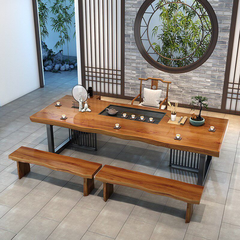 New Chinese-style solid wood tea table and chair combination meeting room log Zen coffee table commercial iron rectangular kung fu tea table