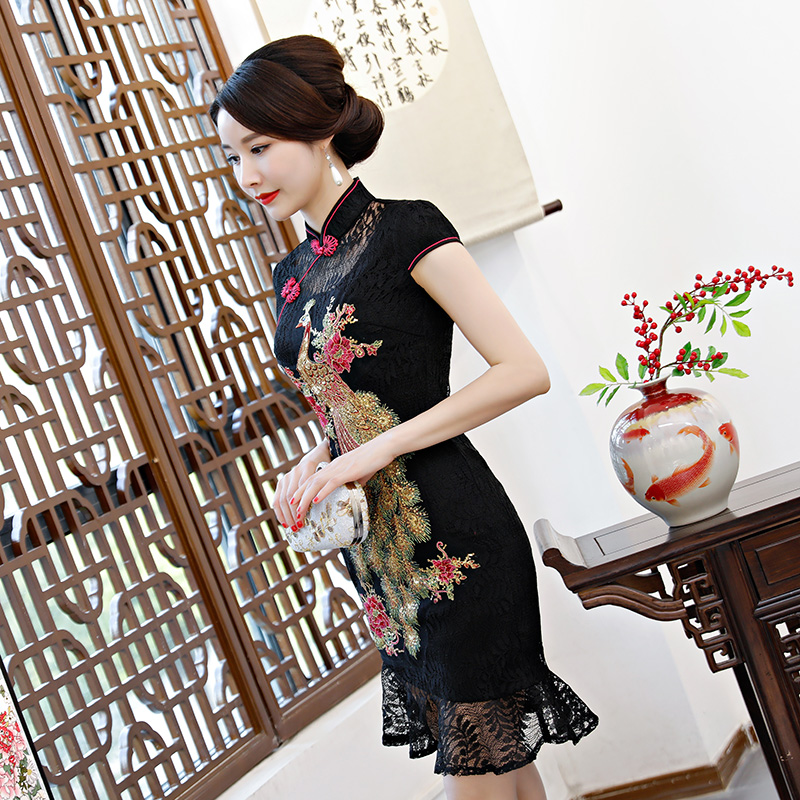 Phoenix, summer short cheongsam for mother, evening dress, fitted,  Phoenix, summer short cheongsam for mother, evening dress, fitted,