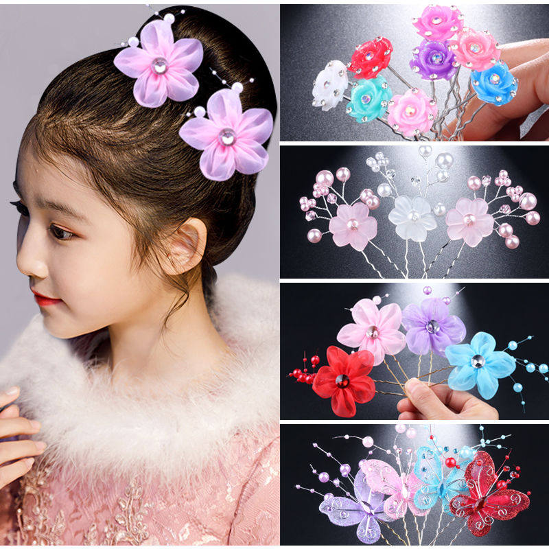 Bride Children's disc hair Hairpin Hair Accessories Girl Crystal Yarn Flower U Type Clip Hair Clip Princess Hair Clip Little Black Collet Flowers
