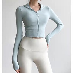 Hooded sports top women's tight slimming Yoga ໃສ່ໄວອົບແຫ້ງໄວ breathable ການຝຶກອົບຮົມອອກກໍາລັງກາຍແລ່ນ cardigan zipper ແຂນຍາວ