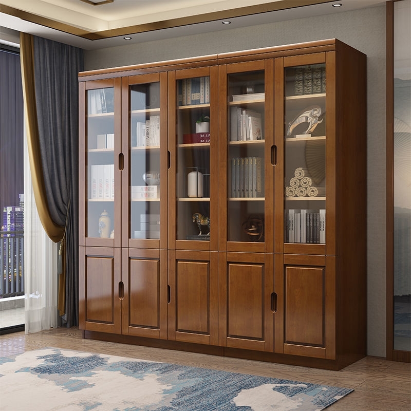 Chinese solid wood bookcase glass door containing cabinet large capacity storage cabinet wood office cabinet Home book overall cabinet