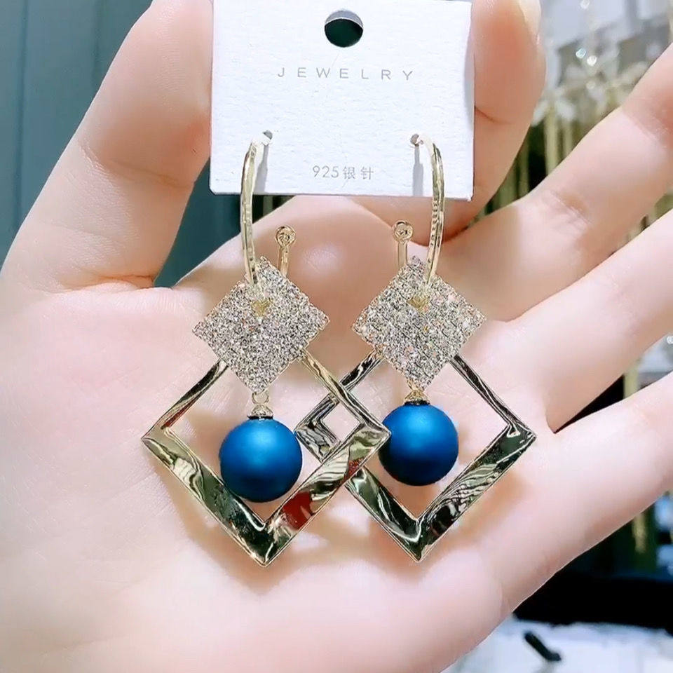 2021 Korean Dongdaemun Rhombus Temperament Earrings 925 Silver Needle Micro-inlaid Zircon Earrings