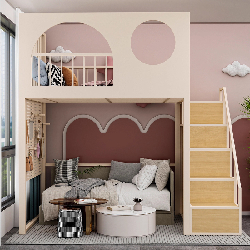 Loft Bed with Castle Design, Princess-Style Single Upper Bunk Bed for Small Apartments, Combined Bed with Wardrobe, Staggered Height Bed