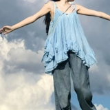 Синий топ с чашечками, летняя майка топ, сексуальная футболка без рукавов, французский стиль