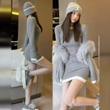 Демисезонный лонгслив, комплект, мини-юбка, изысканный стиль, яркий броский стиль, облегающий крой