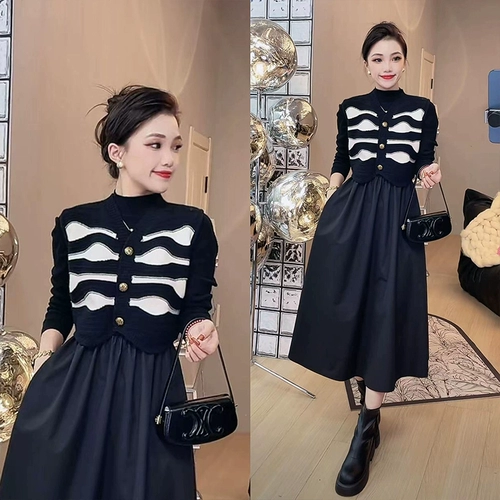 Черный трикотажный весенний лонгслив, длинная юбка, подходит для подростков, 2025 года, городской стиль, французский стиль