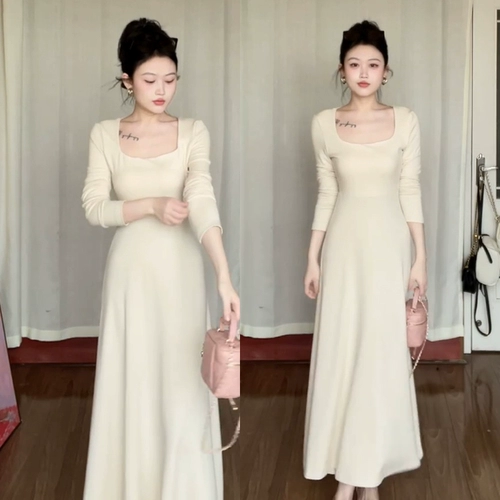 Демисезонный лонгслив, приталенный корсет, длинная юбка, французский стиль, квадратный вырез, 2025 года, премиум класс