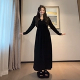 Черный весенний лонгслив, приталенный корсет, длинная юбка, французский стиль, V-образный вырез, городской стиль