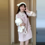 Розовое шерстяное демисезонное платье, мини-юбка, комплект, французский стиль, подходит для подростков