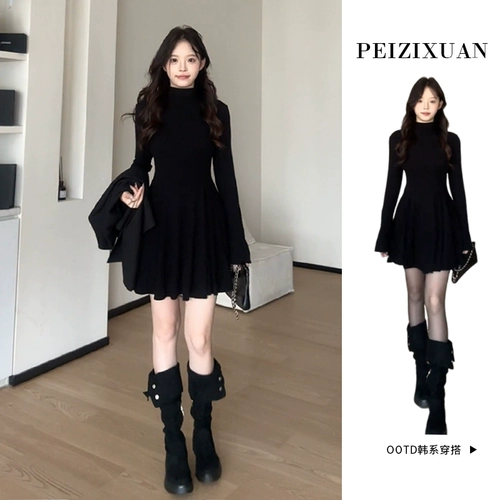 Черное трикотажное демисезонное платье, приталенный корсет, французский стиль, городской стиль