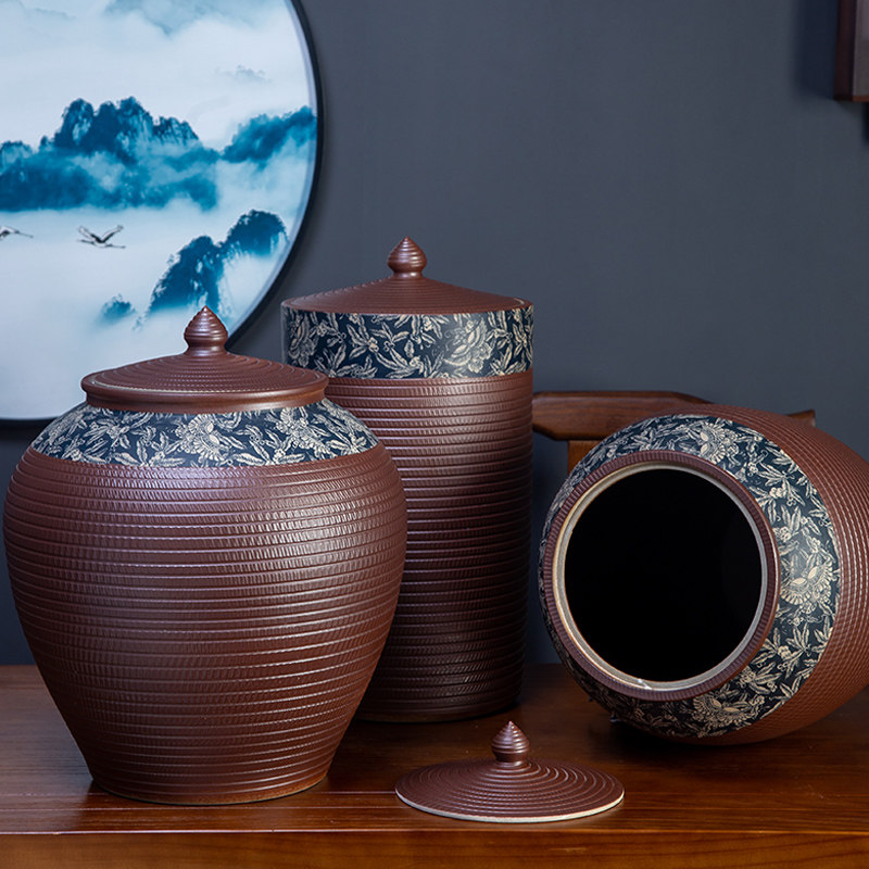Jingdezhen Ceramic rice cylinder with lid for home 20 catty 50 catty 100 catty of flour jars kitchen old fashioned storage jar