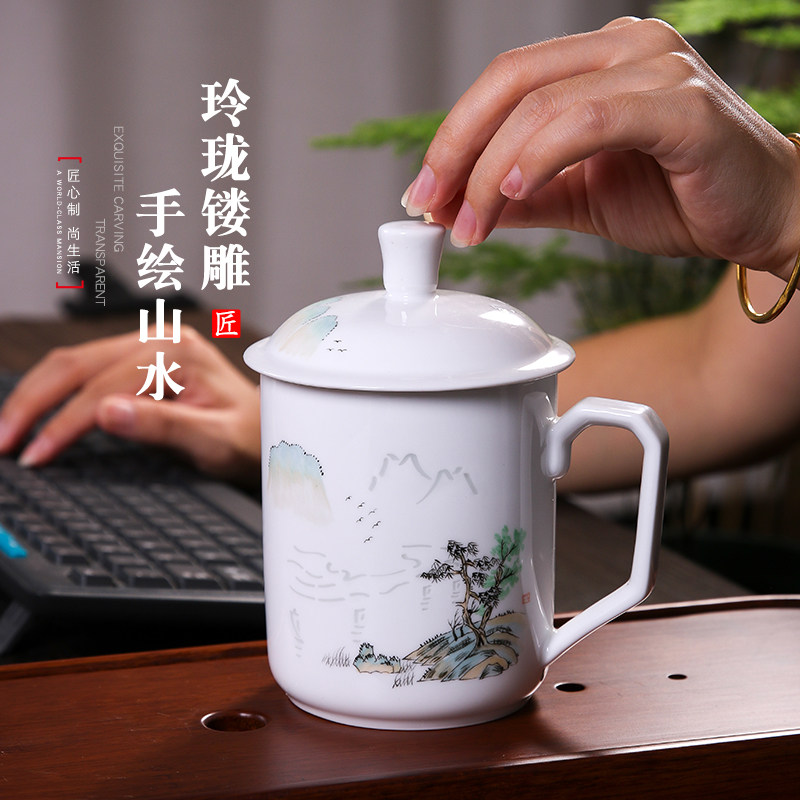 Ceramic cup household with lid office meeting cup Jingdezhen hand-painted exquisite boss cup large tea cup